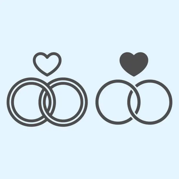 Vector illustration of Rings line and solid icon. Two crossing circles with heart shape. Wedding asset vector design concept, outline style pictogram on white background, use for web and app. Eps 10.