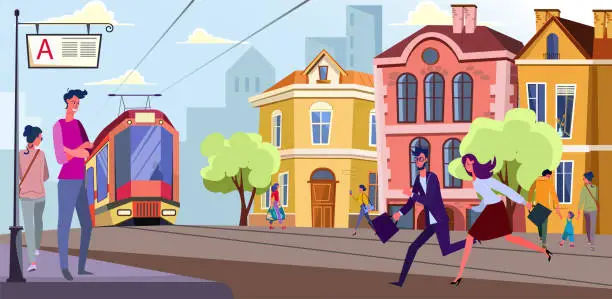 Vector illustration of People running to tram stop