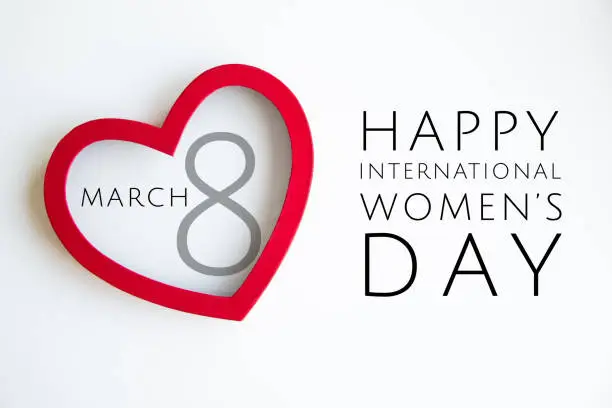 Happy 8 March International Women's Day lettering with red heart on white background