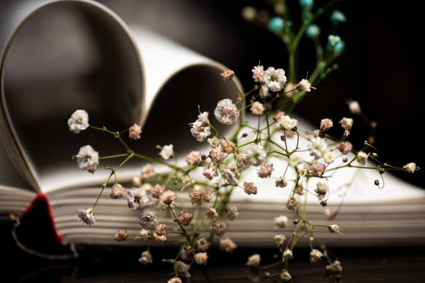 Book with flowers on a table closeup abstract