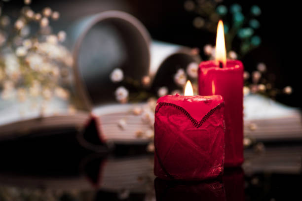 istock Candle with flowers and a book for a romantic background 1205820383