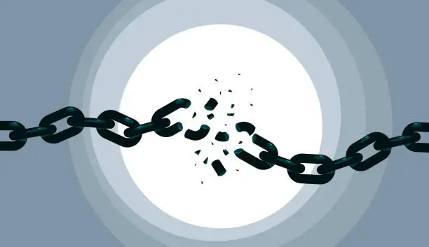 Vector illustration of Breaking chain freedom and liberty concept vector illustration in poster style, liberation, weak link concept.