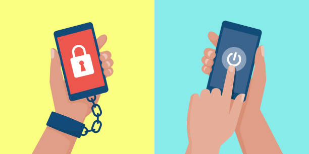 stockillustraties, clipart, cartoons en iconen met smartphoneverslaving en digitale detox - in en uitschakelen