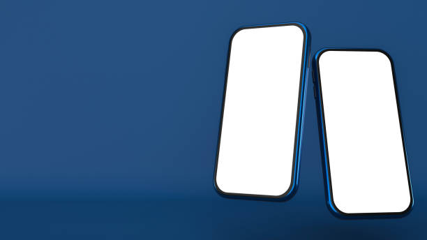 istock Smartphone on classic blue background, mobile phone concept, modern technology illustration, 3d. Cellphone mockup composition, white blank touchscreen, perspective view. Smartphone frame display. 1205822133