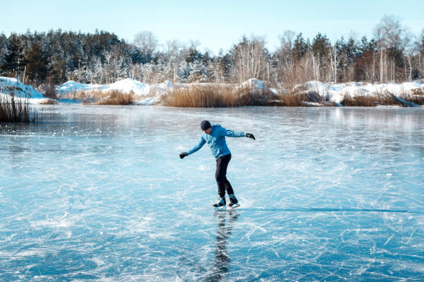 istock A young man skates on a frozen lake. 1205823049