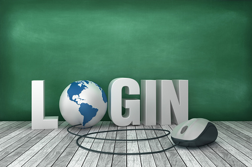 3D Word LOGIN with Globe World and Computer Mouse on Chalkboard Background - 3D Rendering