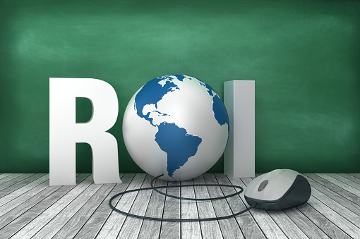 3D Word ROI with Globe World and Computer Mouse on Chalkboard Background - 3D Rendering