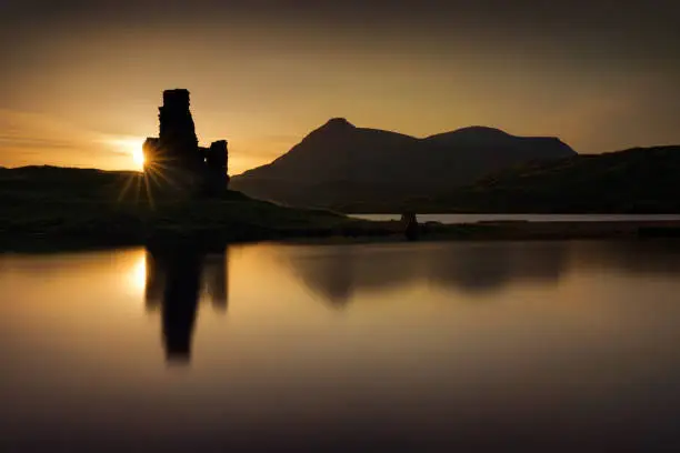 Ardvreck Castle reflections on Loch Assynt in sunset light, Scotland