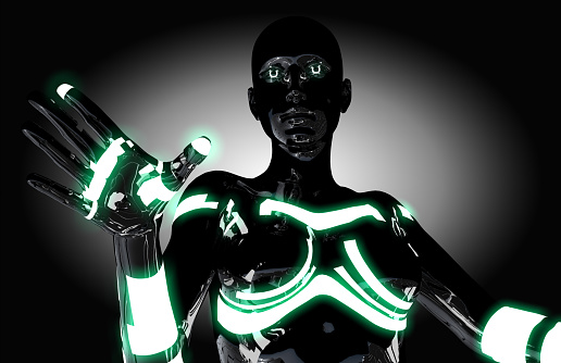 A robot woman staring terribly and touching to something in the dark.