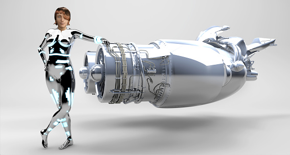 futuristic warrior in a metallic suit, scifi woman armed with guns, 3d illustration