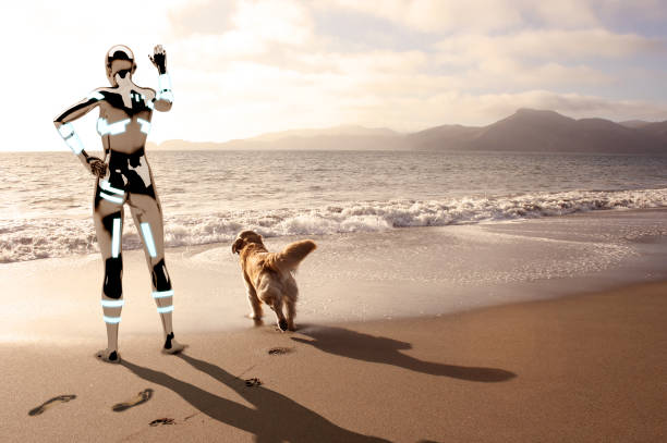 Robot sending farewell to horizon of the Pacific Ocean. Futuristic friendship concept.\n\nThis background image is from my istock portfolio.\nPortfolio content number: 850200014