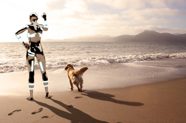machając robotem i uroczym psem na plaży - baker beach zdjęcia i obrazy z banku zdjęć