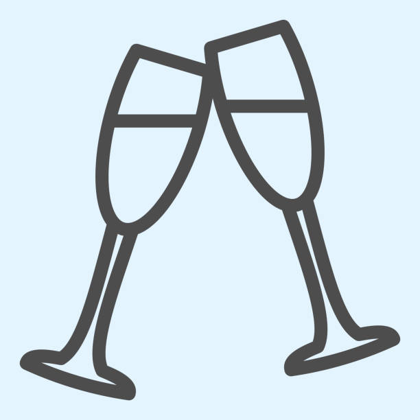 ilustrações, clipart, desenhos animados e ícones de ícone da linha de taças de champanhe. dois potes de vinho, sinal de romance. conceito de design de vetor de ativos de casamento, gráfico de estilo de contorno em fundo branco, uso para web e aplicativo. eps 10. - wedding couple toast glasses