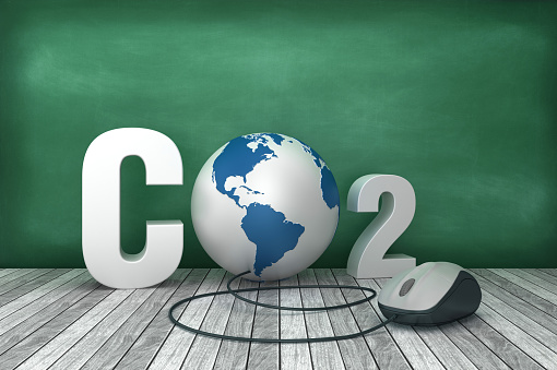 3D Word CO2 with Globe World and Computer Mouse on Chalkboard Background - 3D Rendering
