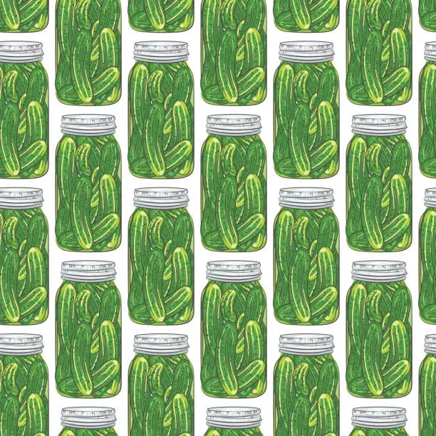 Vector illustration of Mason Jar Seamless Pattern Of Dill Pickles