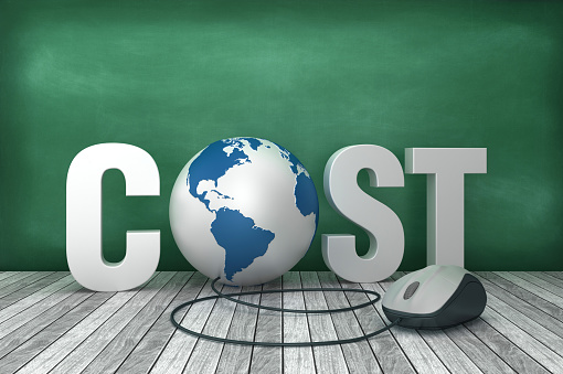 3D Word COST with Globe World and Computer Mouse on Chalkboard Background - 3D Rendering