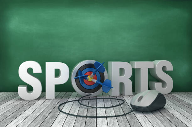 istock 3D Word SPORTS with Target  and Computer Mouse on Chalkboard Background - 3D Rendering 1205832972