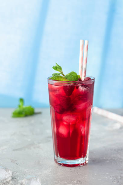 tea with hibiscus, berries (raspberries and blackberries), mint, lime, lemon and ice in the sun with shadows. trendy style with artistic shadows. - vitality food food and drink berry fruit imagens e fotografias de stock