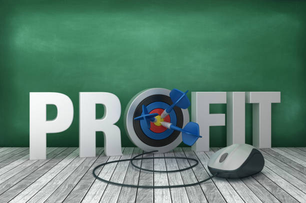 istock 3D Word PROFIT with Target and Computer Mouse on Chalkboard Background - 3D Rendering 1205837840