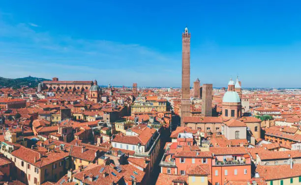 Due torri towers aerial view in Bologna Italy