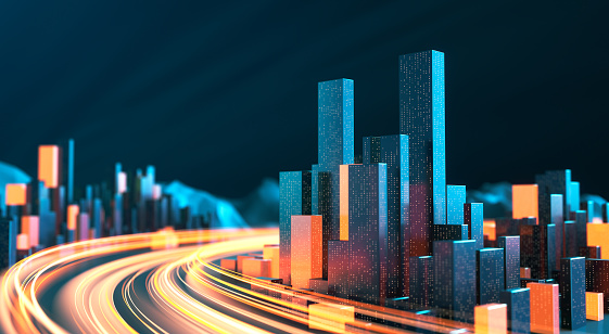 Cityscape With Light Streaks - Urban Skyline, Data Stream, Internet Of Things, Architectural Model, Traffic And Transporation