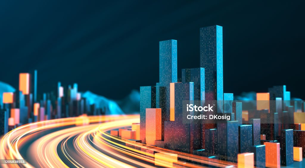 Cityscape With Light Streaks - Urban Skyline, Data Stream, Internet Of Things, Architectural Model, Traffic And Transporation 3D rendered image with vibrant colors, perfectly usable for a wide range of topics related to infrastructure, data sharing and streaming, traffic and transportation, architecture, power supply, the internet of things or modern technology in general. City Stock Photo