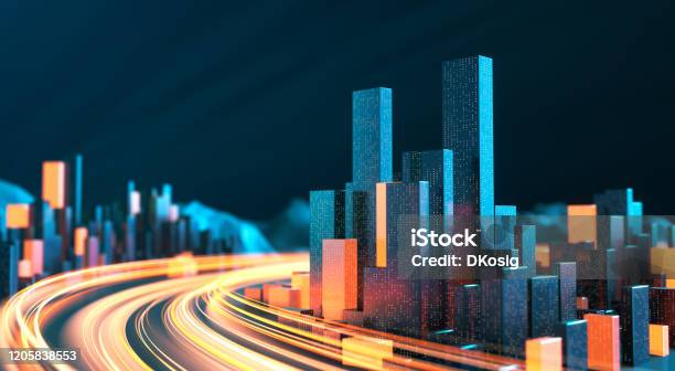 Cityscape With Light Streaks Urban Skyline Data Stream Internet Of Things Architectural Model Traffic And Transporation Stock Photo - Download Image Now
