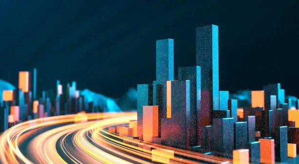 Photo of Cityscape With Light Streaks - Urban Skyline, Data Stream, Internet Of Things, Architectural Model, Traffic And Transporation