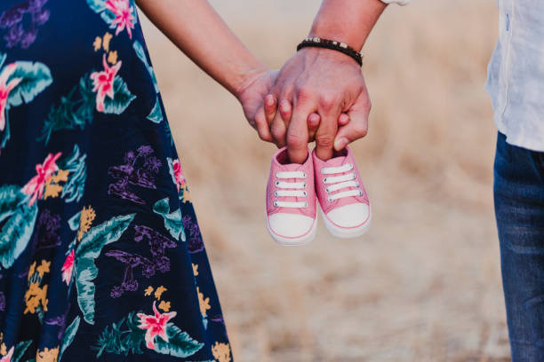 portrait outdoors of a young pregnant couple in a yellow field. outdoors family lifestyle. holding pink baby trainers or bootees for newborn - couple human pregnancy sunset walking imagens e fotografias de stock
