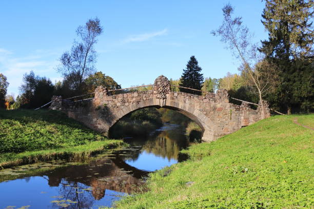 istock Old historical stone bridge on small river in the forest 1205839659