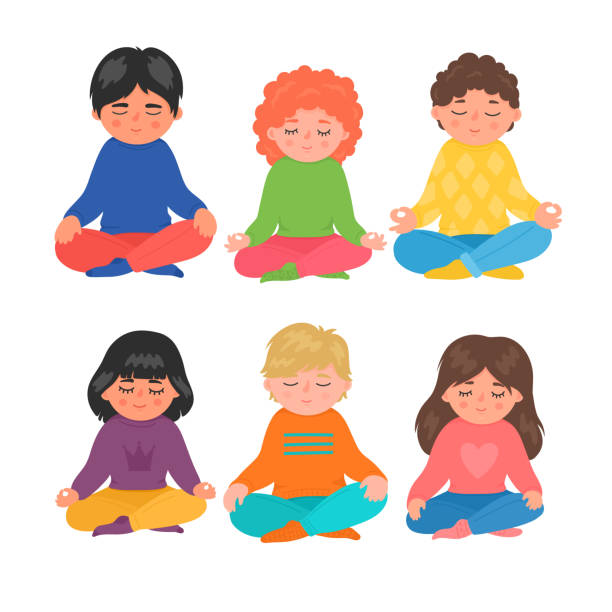 Children meditation Children meditation. Group of little girls and boys sitting in lotus pose and meditating. Kids yoga, mindfulness, relax, breathing lessons vector illustration isolated on white background. mindfulness children stock illustrations