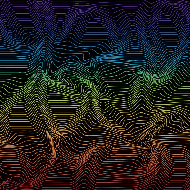 Vector illustration of Abstract Curved Lines Background In Black And Rainbow Colors, Wave Pattern