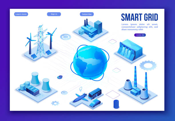 ilustrações, clipart, desenhos animados e ícones de smart grid 3d infográficos isométricos, conceito de neon azul com painéis solares e poste de eletricidade, usina nuclear e térmica, usina hidrelétrica, sistema de transporte, ícone isométrico globo 3d, - fuel cell solar panel solar power station control panel