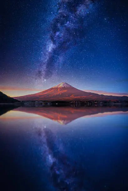 Photo of Landscape with Milky way galaxy. Mt. Fuji over Lake Kawaguchiko with milky way at sunrise in Fujikawaguchiko, Japan.