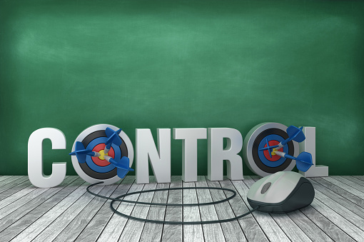 Computer Word Control 3d Word Control With Target And Computer Mouse On Chalkboard Background ...