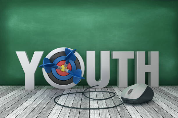 istock 3D Word YOUTH with Target and Computer Mouse on Chalkboard Background - 3D Rendering 1205845525