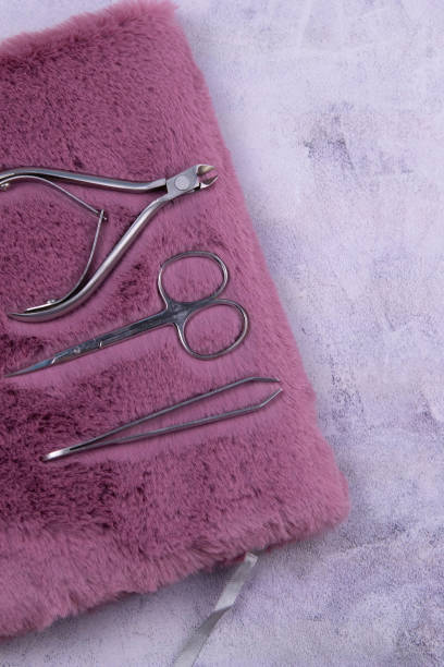 istock A set of cosmetic tools for manicure and pedicure stand on a pink fluffy notebook for recording clients. tweezers, scissors and tongs 1205845968