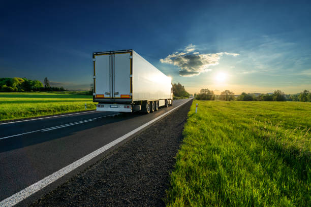 caminhão branco dirigindo na estrada asfáltica em uma paisagem rural de nascente ao pôr do sol - highway truck semi truck trucking - fotografias e filmes do acervo