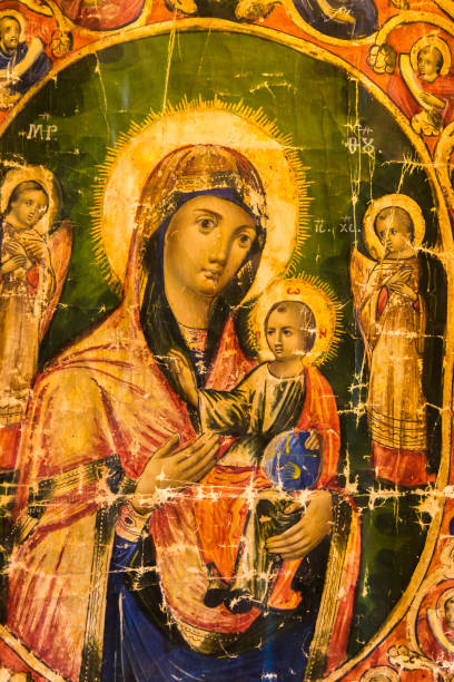 istock Fragments of bible scenes painted by a medieval icon painter. 1205853061