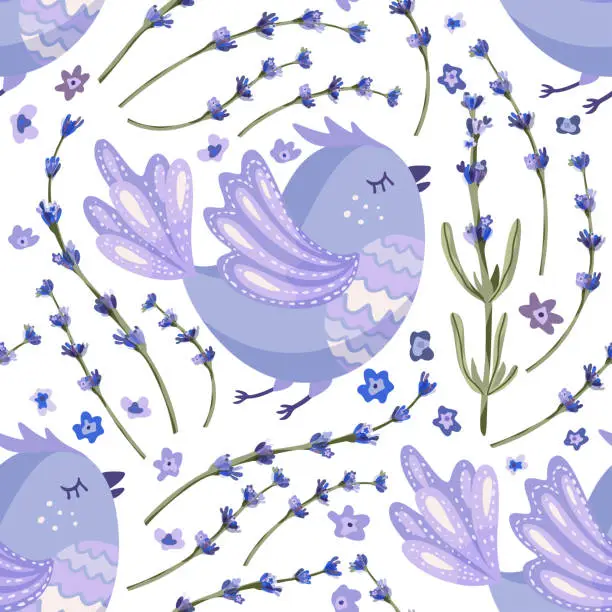 Vector illustration of Provence seamless cute bird vector pattern.