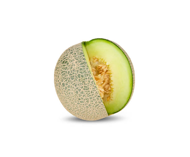 istock whole and cut green melon with stem on white background 1205854246