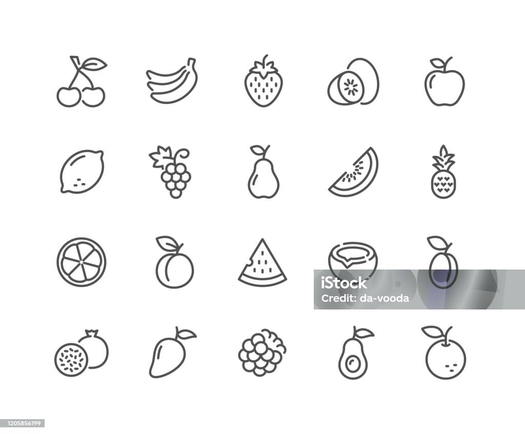 Line Fruits Icons Simple Set of Fruits Related Vector Line Icons. 
Contains such Icons as Strawberry, Orange, Watermelon and more.
Editable Stroke. 48x48 Pixel Perfect. Icon stock vector