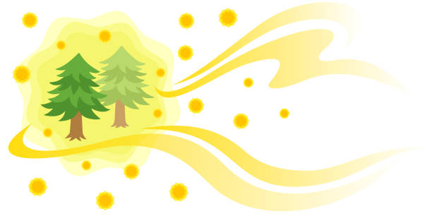 illustrazioni stock, clip art, cartoni animati e icone di tendenza di illustrazione del paesaggio con polline di cedro che vola nel vento - allergy pollen tree hay fever