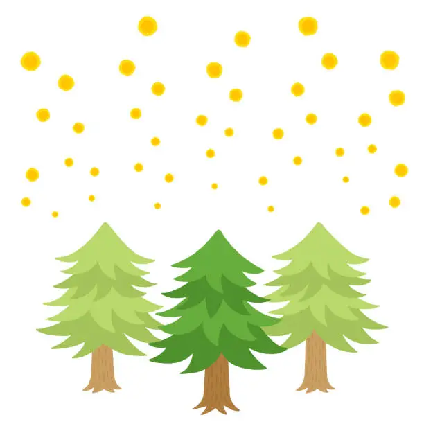 Vector illustration of Illustration of cedar trees and many cedar pollen (hand-drawn style)