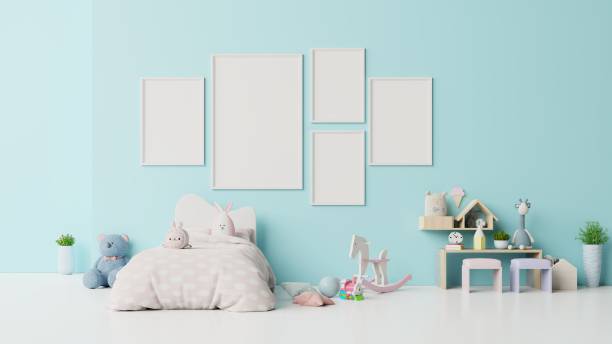 istock Mock up posters in child room interior on blue background. 1205865884