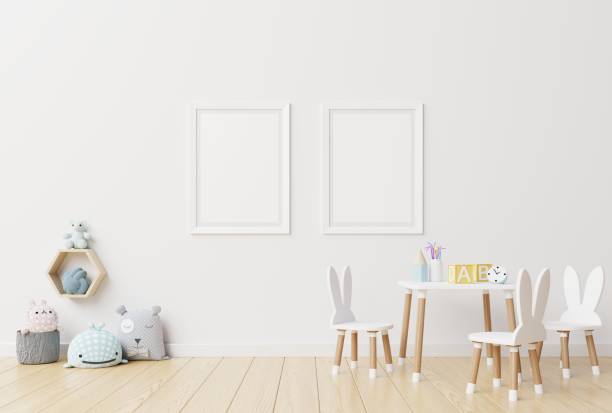 Poster mockup in child room interior. Poster mockup in child room interior,3d rendering playroom stock pictures, royalty-free photos & images