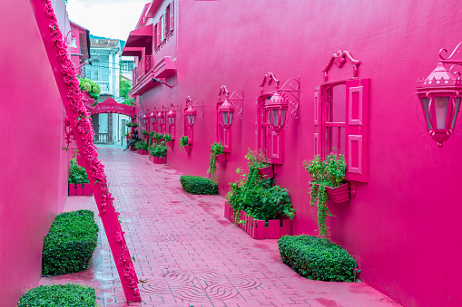 Calle rosa con plantas verdes, ventanas, lams de calle, séquito caribeño decorativo en estilo victoriano de la ciudad vieja, Puerto plata, República Dominicana, Paseo de doña Blanca photo