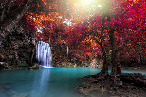 Beautiful natural. Waterfall in autum forest at Erawan waterfall National Park,Thailand