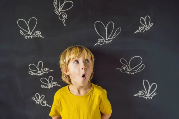 Photo of The boy is bitten by mosquitoes on a dark background. On the blackboard with chalk painted mosquitoes