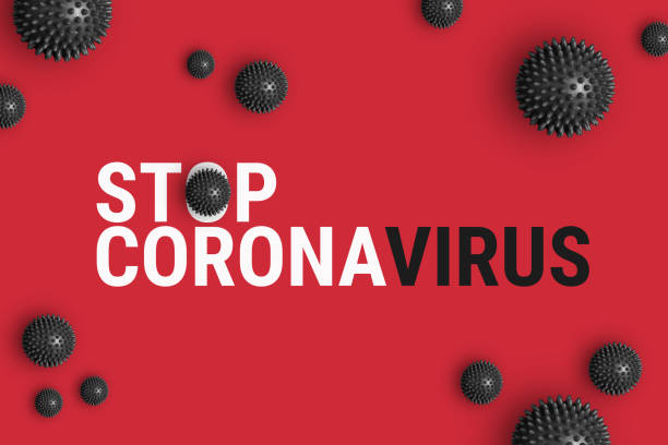 text stop coronavirus on red background with strain model of coronavirus 2019-ncov - yan imagens e fotografias de stock